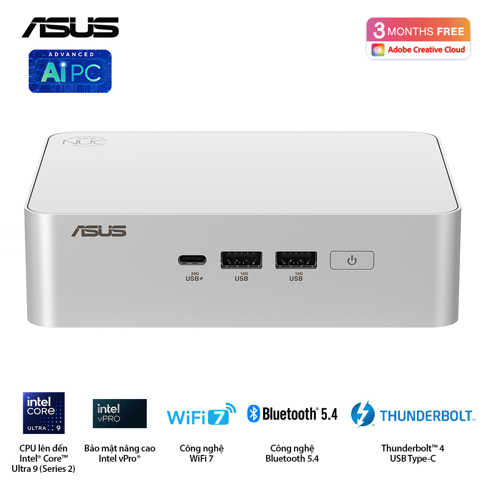 Bộ Mini PC Asus NUC 15 PRO Tall RNUC15CRSU500000I (Intel Core Ultra 5 225H | Intel Arc GPU | 2xDDR5-6400 | 2xNVMe | 2x HDMI 2.1 | 2x Thunderbolt | VESA MOUNT | WHITE)