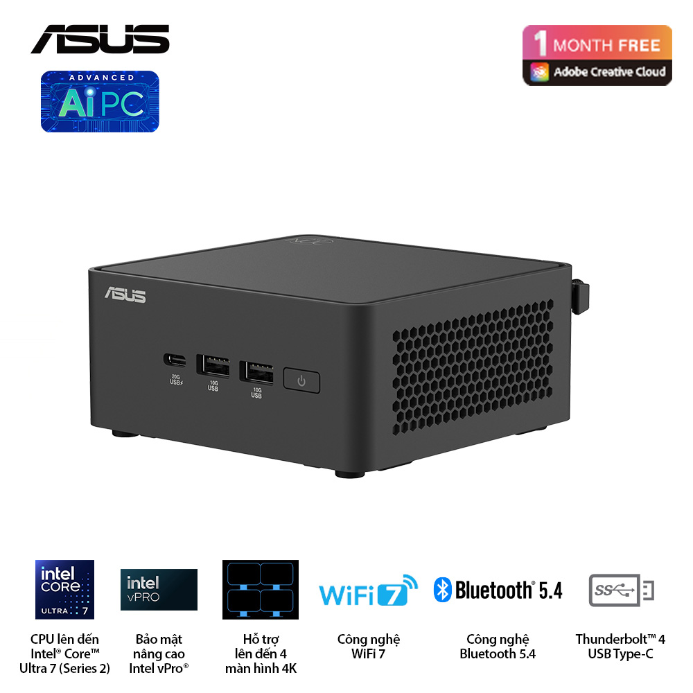 Bộ Mini PC Asus NUC 15 PRO Tall RNUC15CRHU500000I (Intel Core Ultra 5 225H | Intel Arc GPU | 2xDDR5-6400 | 2xNVMe,SATA | 2x HDMI 2.1 | 2x Thunderbolt | VESA MOUNT | Black)