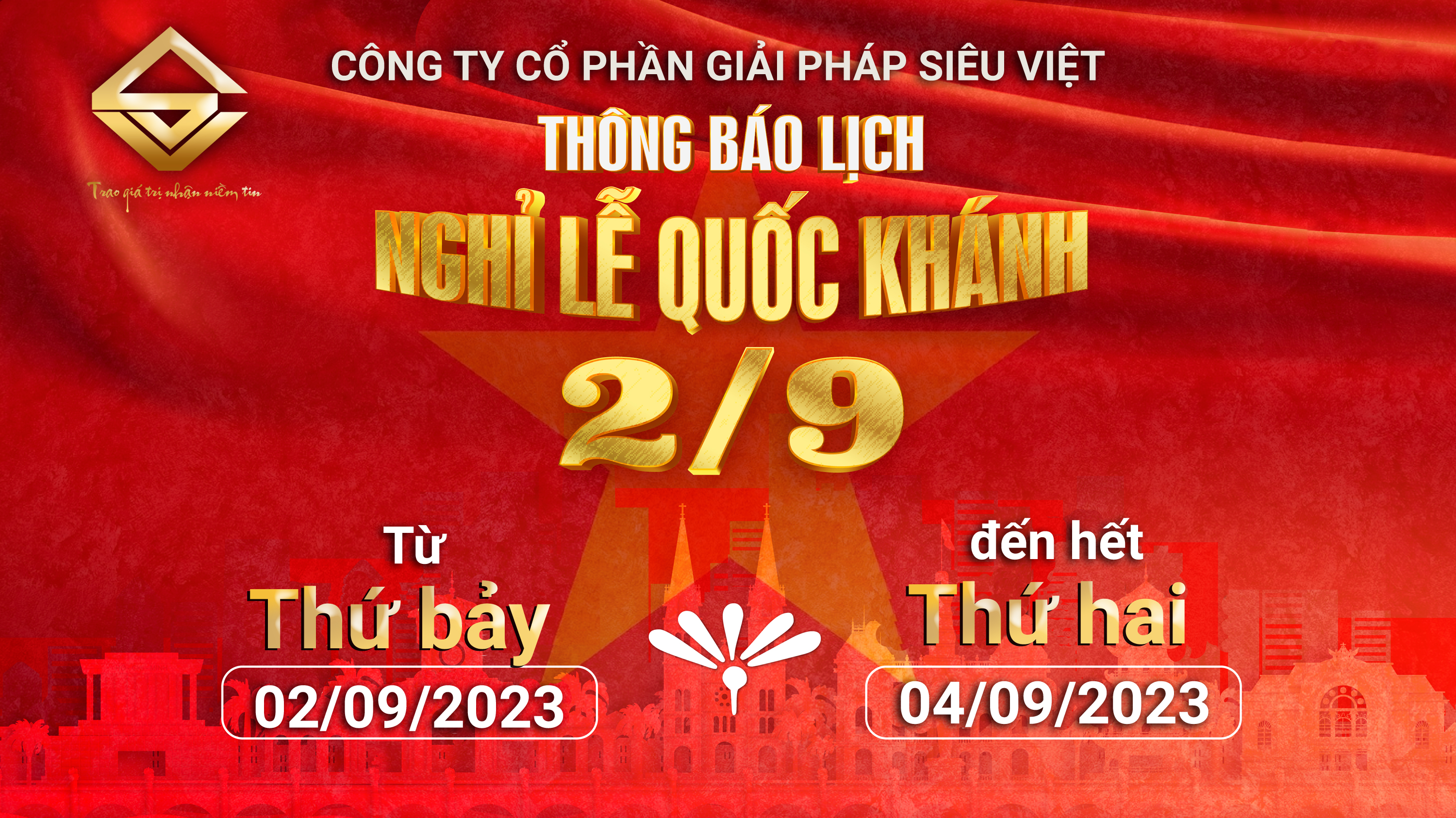 Thông báo lịch nghỉ lễ Quốc Khánh 2/9/2023 tại công ty Siêu Việt